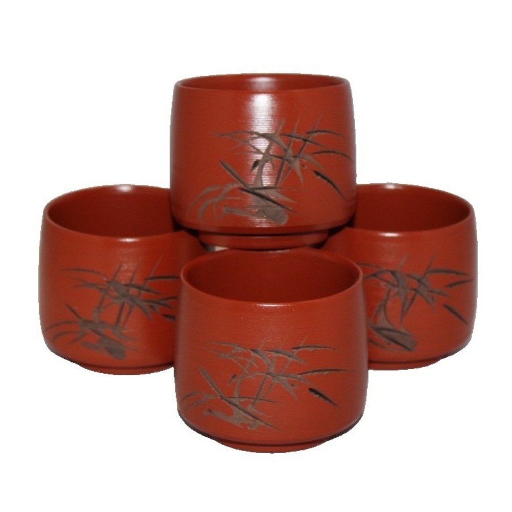 4‎ Japanese Tokoname red clay sake cups bamboo design set